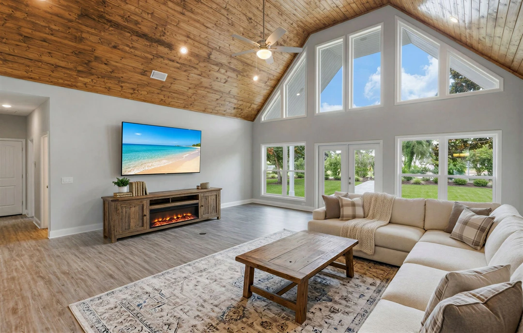 Living room with wood ceiling, hardwood floors, a large window overlooking a beach, a wood coffee table on a rug, a couch with pillows and blanket, a wood TV stand with fireplace