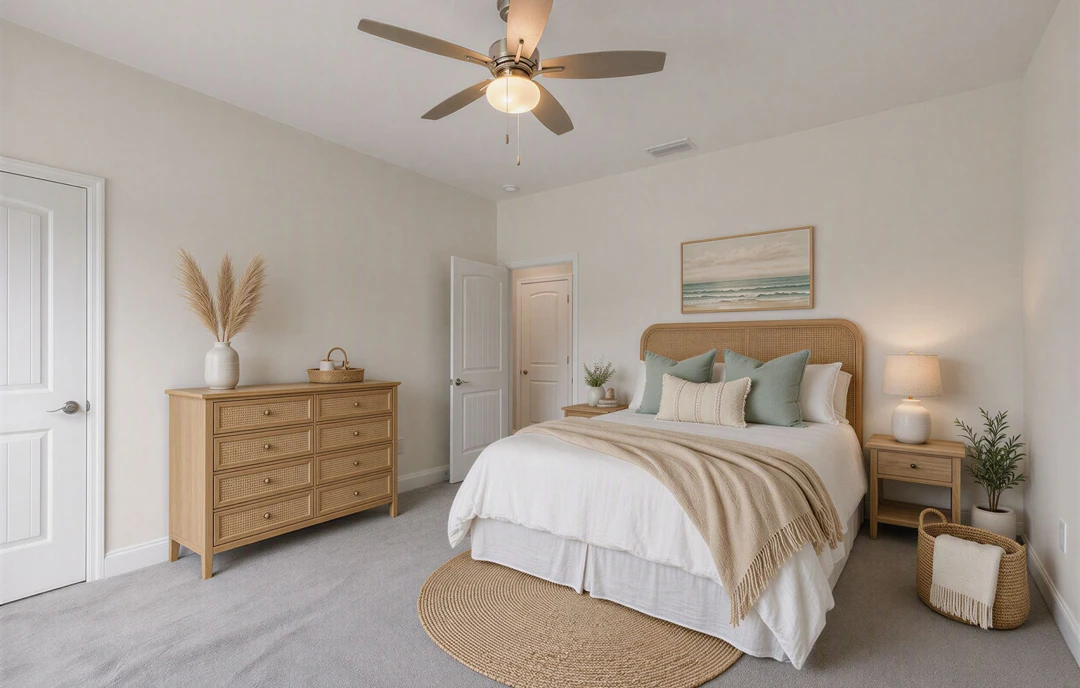 Bedroom with a woven headboard bed, ceiling fan with light, dresser with drawers and basket, white vase with brown grass, and a basket holding a white blanket.