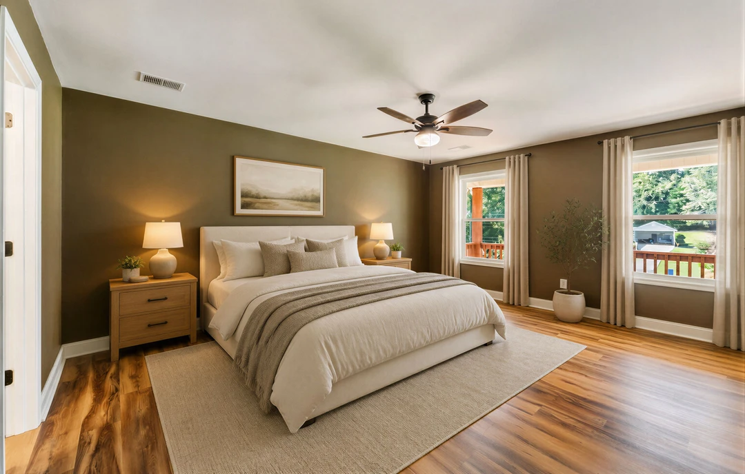 Bedroom with a large bed featuring white bedding and pillows, a ceiling fan above, a nightstand with a lamp, a dresser topped with a potted plant, and a painting on the wall.
