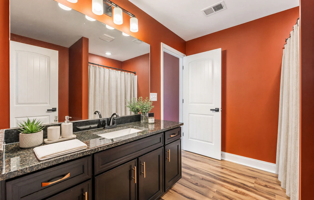 Bathroom with a granite countertop, rectangular mirror above the sink, white cabinetry, potted plant on the counter, and a shower curtain visible near a white door with a black