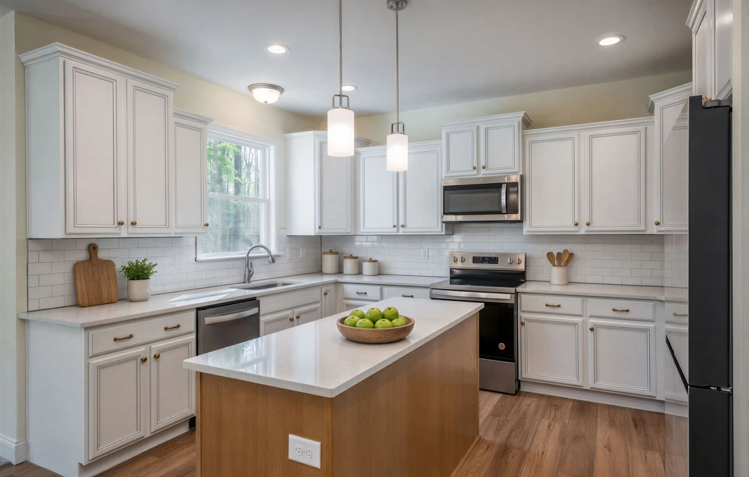 Kitchen with white cabinets, granite countertops, a bowl of green apples on the counter, built-in microwave, stove, and a potted plant.