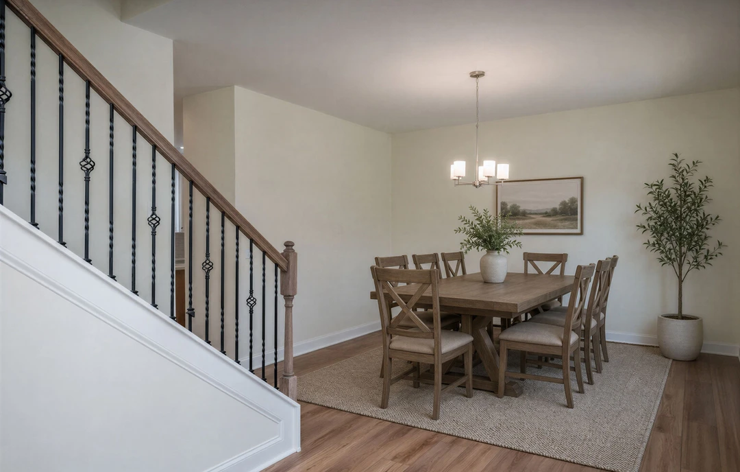 Dining room with a wood table and chairs on hardwood flooring, a potted tree in the corner, a landscape painting on the wall, and a staircase with metal railings nearby.
