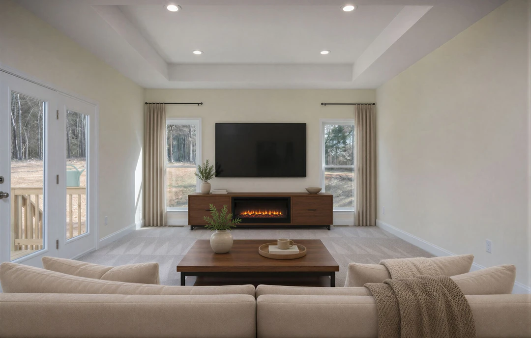 Living room with a sofa and loveseat facing a television and a fireplace, coffee table holding a cup and book, hardwood flooring, large window with treatments, and a potted plant