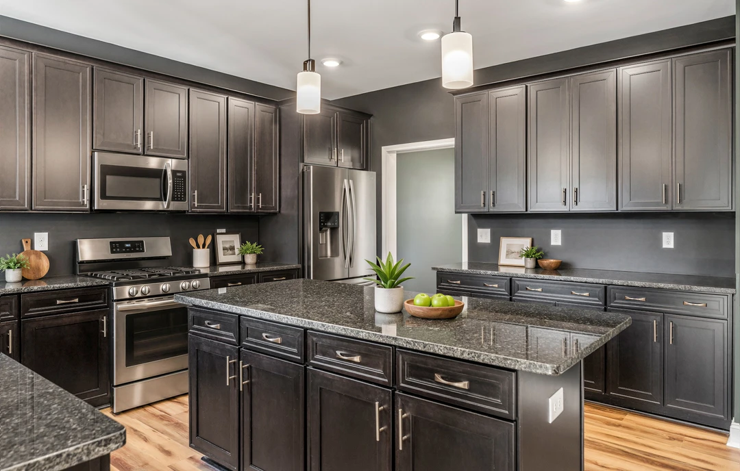 Spacious kitchen with a large granite island, white cabinetry, stainless steel appliances including a gas stove, microwave, and refrigerator, and a countertop decorated with a bowl