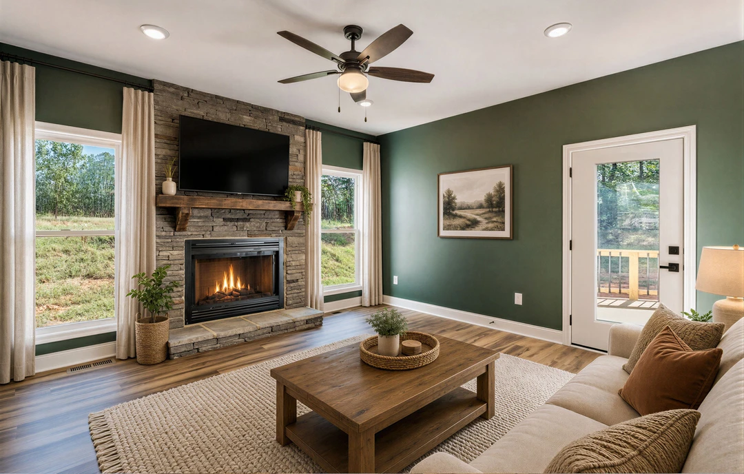 Living room with a brick fireplace and television mounted above, wood flooring, a ceiling fan with light, a coffee table with a basket, a loveseat, and a framed landscape picture