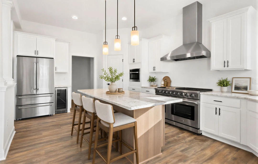 Kitchen with a large central island featuring granite countertops and stools, white cabinets, stainless steel refrigerator and stove, and a plant in a vase on the counter.