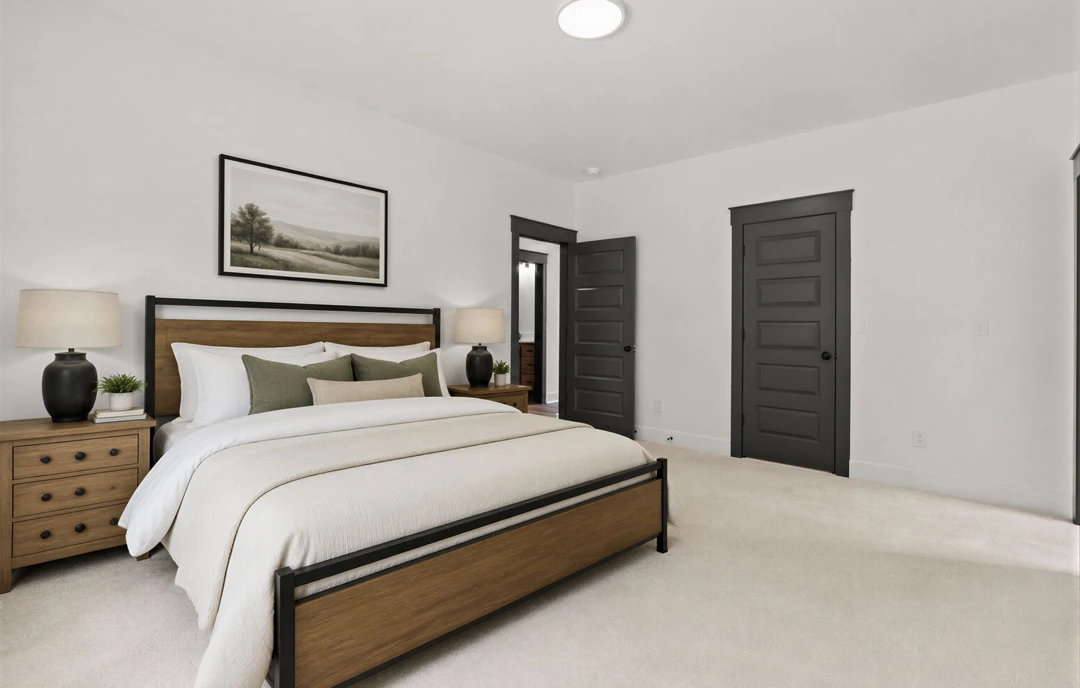 Bedroom with a black metal bed frame, white blanket, black lamp with white shade on the nightstand, framed picture of a tree on the wall, and a chest of drawers near a door.