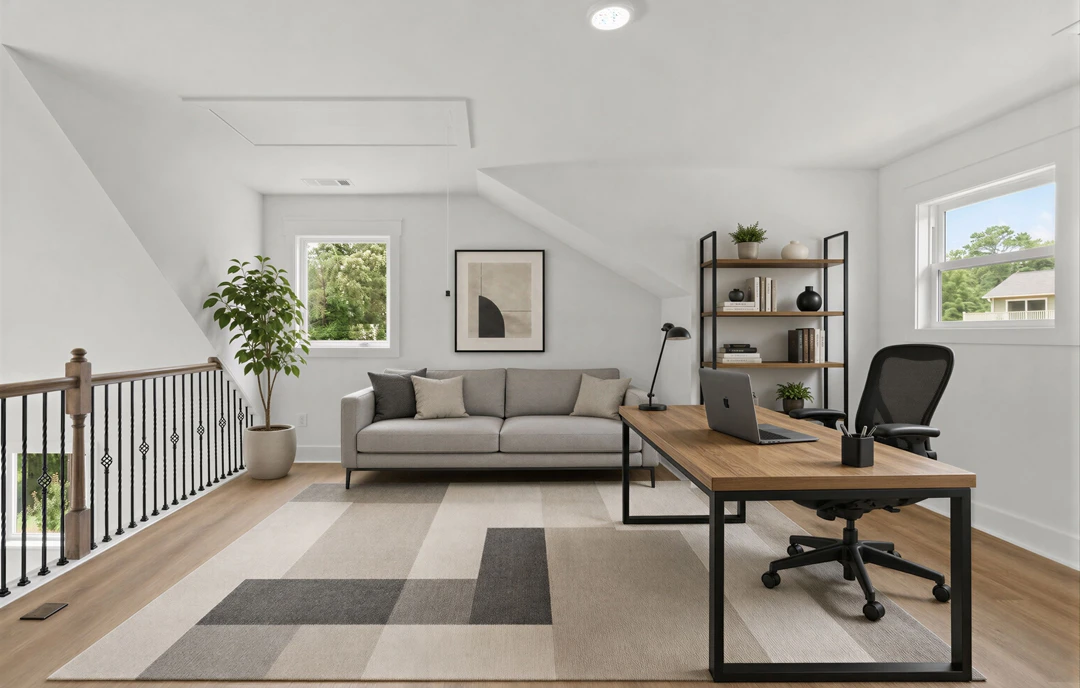 Living room with a gray couch and pillow, a coffee table, a desk holding a laptop, laminate wood flooring, a potted tree, and a staircase with a metal railing.
