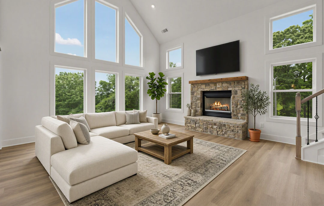 Living room with a white couch and pillows, wooden coffee table with bowls, fireplace, large windows, wood or laminate flooring, and potted plants including a small tree.