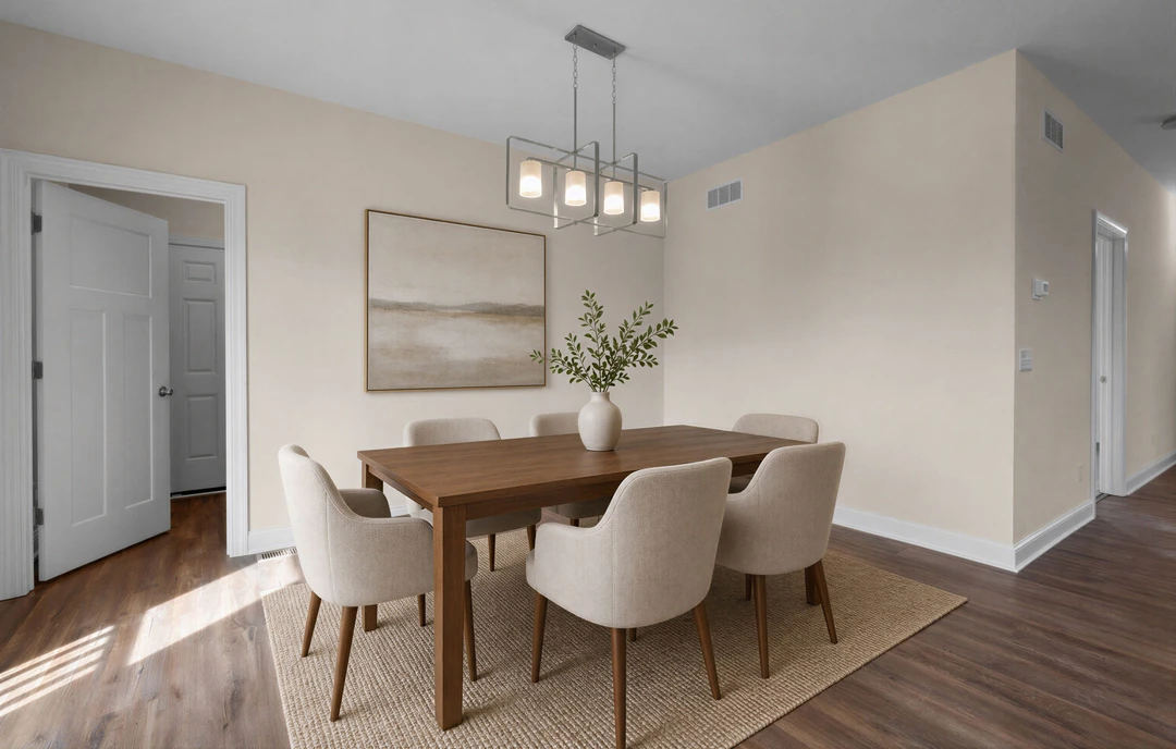 Dining room with a wooden table surrounded by chairs, a white vase with green leaves as centerpiece, hardwood flooring, a painting on the wall, and a ceiling light fixture with