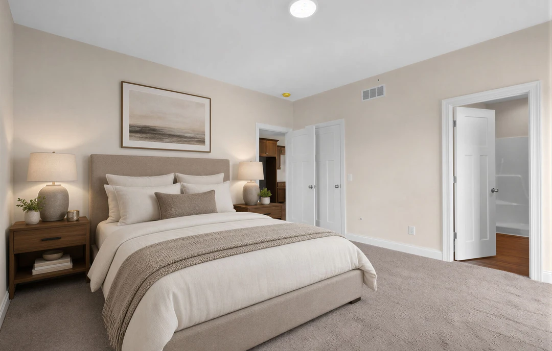 Bedroom with a bed featuring white bedding, a nightstand with a lamp, a framed picture on the wall, a shelf holding books and a bowl, and a white door with a silver handle.