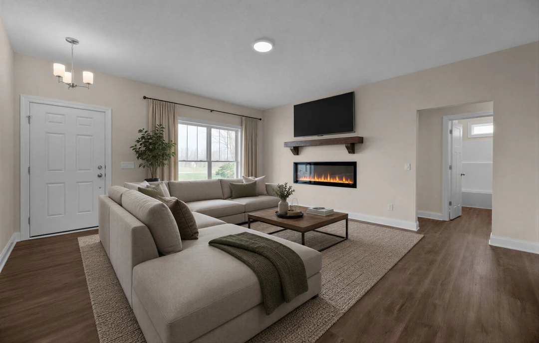 Living room with a large couch covered in pillows and a blanket, a fireplace with visible flames, wood or laminate flooring, a coffee table holding a tray, and a white door with