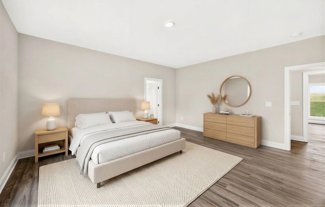 Bedroom with a bed featuring white bedding, a wooden dresser with a sink and books, a circular mirror on the wall, and a white vase on a wooden shelf.