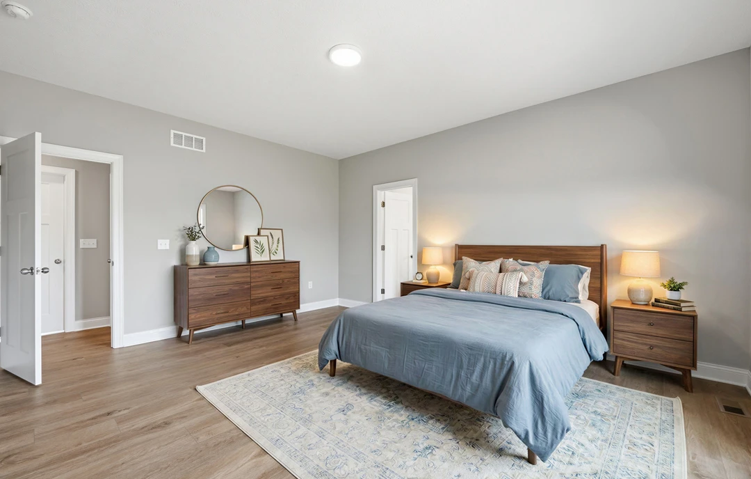 Bedroom with a bed featuring a blue blanket and pillows, a wooden dresser, hardwood floors, a nightstand with a vase, and a wall-mounted mirror.
