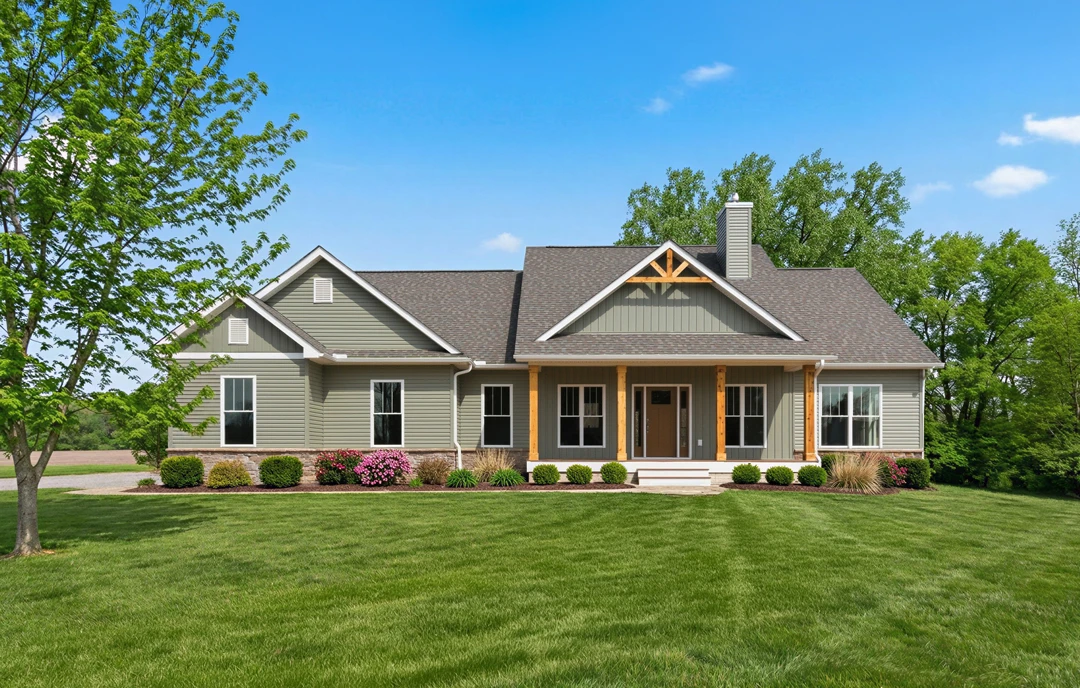 Two-story farmhouse with a covered porch, surrounded by a manicured lawn, mature trees, and landscaped bushes.