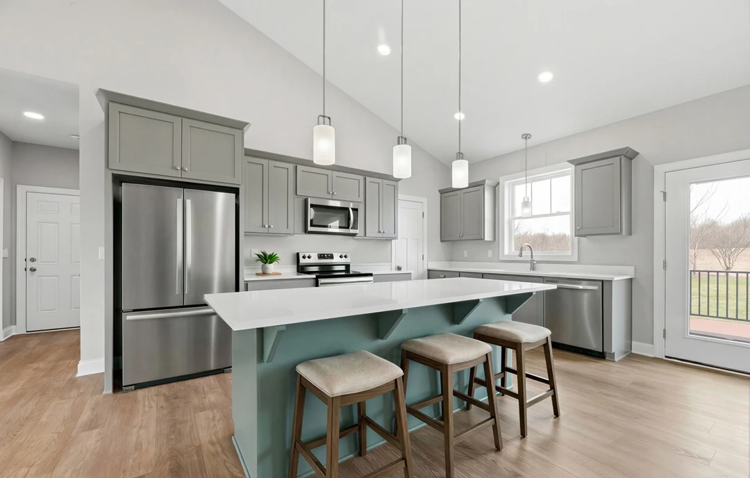 Kitchen with wood cabinetry, granite countertops, a bar area with two stools, stainless steel refrigerator, microwave with glass door, and laminate flooring.