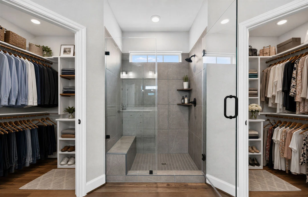 Bathroom with a glass-enclosed shower, white walls, stone countertops, and a bouquet of white flowers on the vanity; open closet with clothes hanging on rails and baskets on