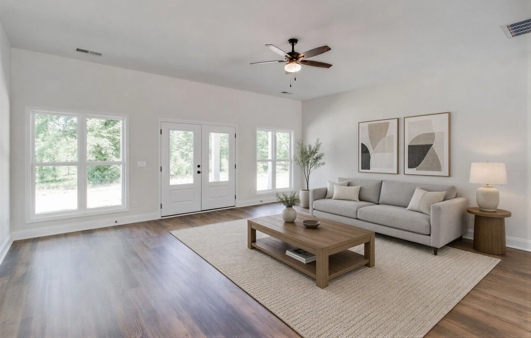 Living room with a wood or laminate floor, gray couch with pillows, rectangular coffee table holding a bowl, two framed artworks on the wall, a white lamp with a white shade, and a