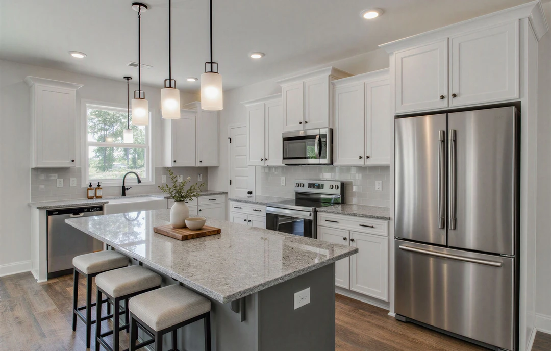 Kitchen with a large central island featuring granite countertops, stainless steel appliances including a refrigerator, stove, and microwave, white cabinetry, stools at the island
