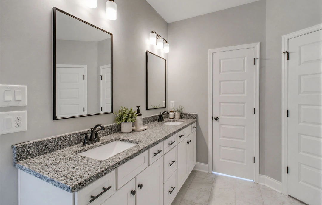 Bathroom with double sink vanity, large mirror above, white cabinetry, granite countertop, potted plant, and white door with black hardware.