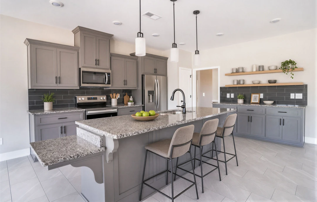 Kitchen with a large granite island featuring stools, white cabinetry, stainless steel appliances including a microwave and refrigerator, and a bowl of apples on the countertop.