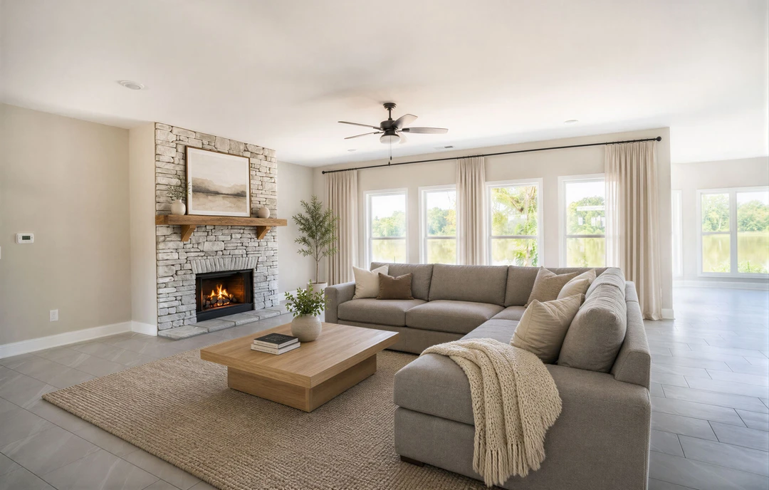 Living room with a large upholstered couch decorated with pillows and a blanket, stone fireplace with a fire burning, framed picture on the stone wall, coffee table holding books