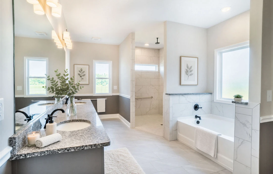 Bathroom with a granite countertop, dual sinks, white cabinetry, a freestanding bathtub, tile flooring, a window overlooking trees, and decorative accessories including a candle