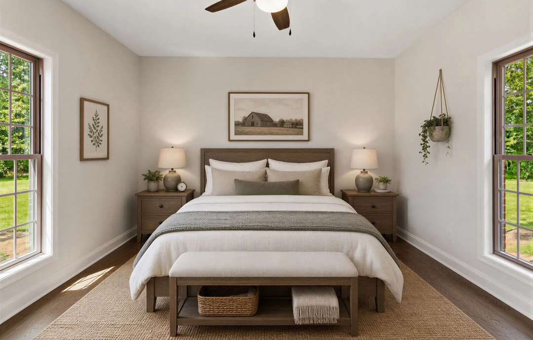 Bedroom with a bed featuring pillows and a bench at the foot, nightstands with lamps, framed pictures of a barn and a plant on the wall, a basket and blanket under the bench, and a