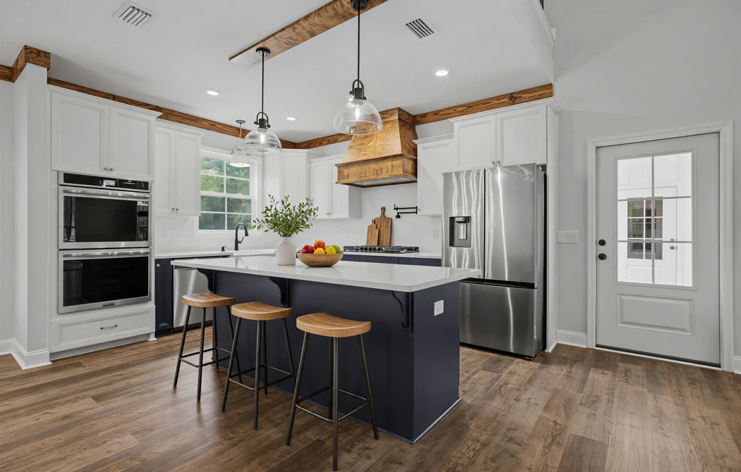 Kitchen with a central island, granite countertops, white cabinetry, stainless steel refrigerator with water dispenser, double oven, laminate flooring, a bowl of fruit and a vase
