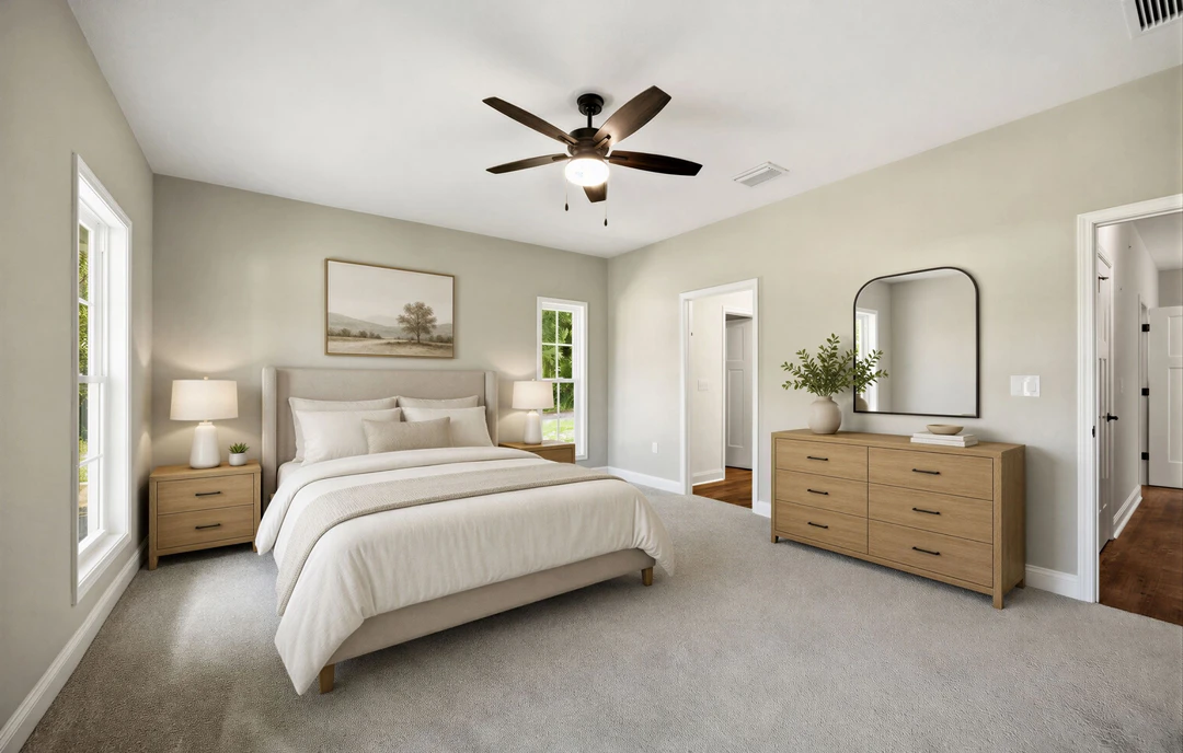 Bedroom with a bed featuring white bedding, a wooden dresser with a bowl on top, a ceiling fan with a light, a nightstand, and a painting of a tree in a field above the bed.
