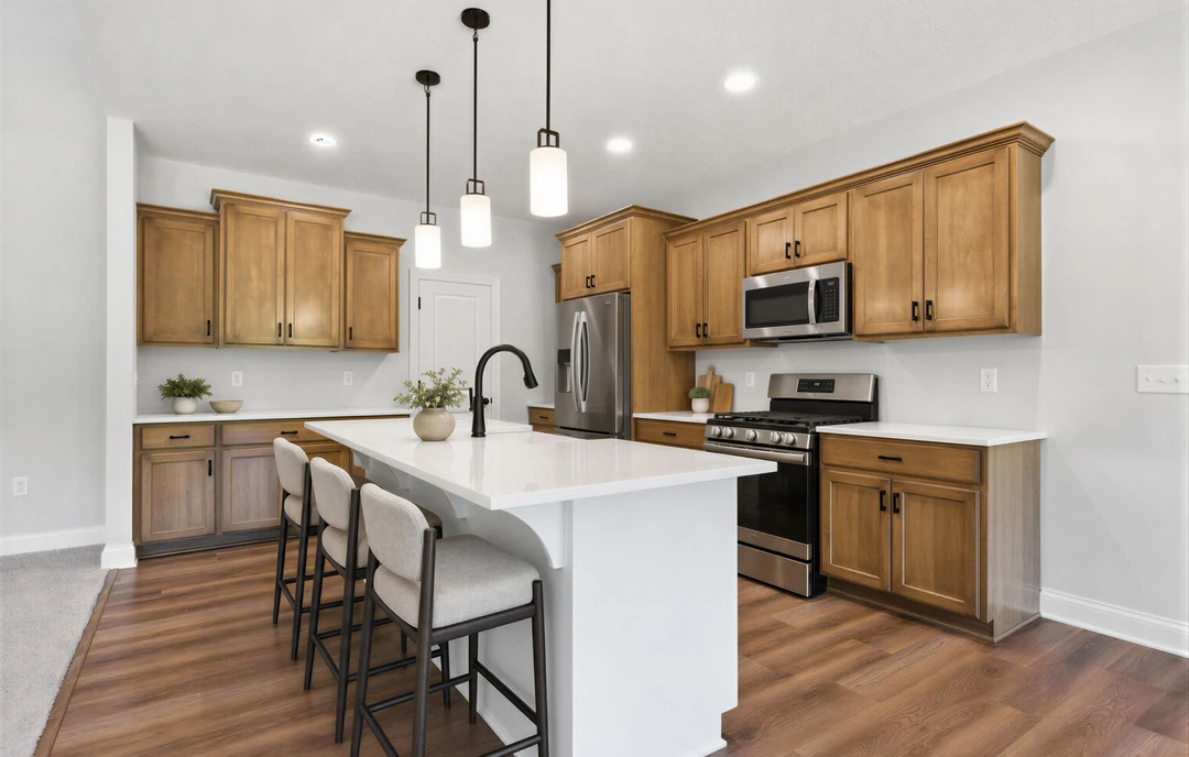 Kitchen with a white granite island, wooden cabinets, stainless steel appliances including a microwave, refrigerator, and stove, and white stools at the counter.