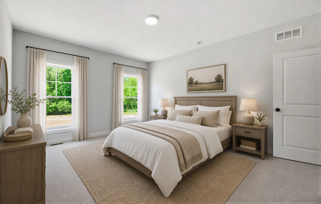 Bedroom with a bed featuring a white blanket and brown pillows, two windows, a nightstand with a lamp and a vase with leaves, and a picture frame showing trees in the background.