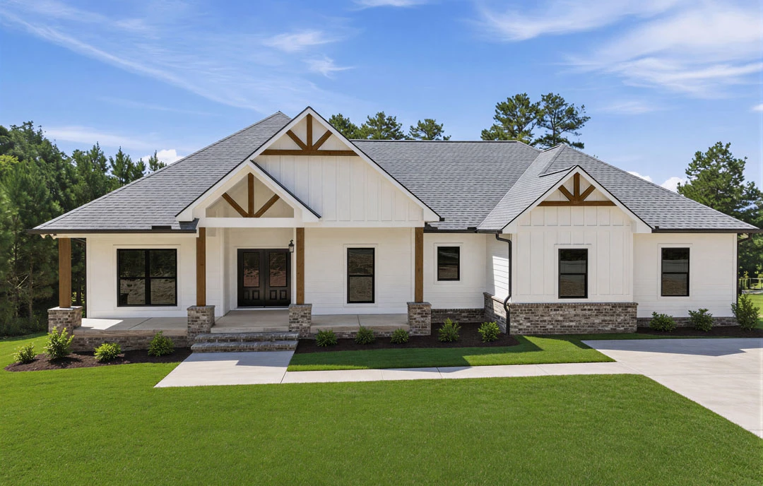 White farmhouse-style home with black-framed windows and double glass doors, surrounded by a green lawn and mature trees.