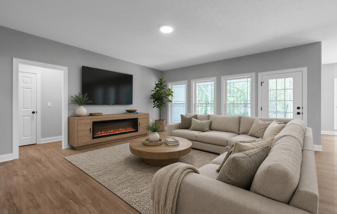 Living room with a large gray couch, pillows, and a round wooden coffee table holding a vase and books, featuring a modern fireplace set into a black accent wall and wood laminate