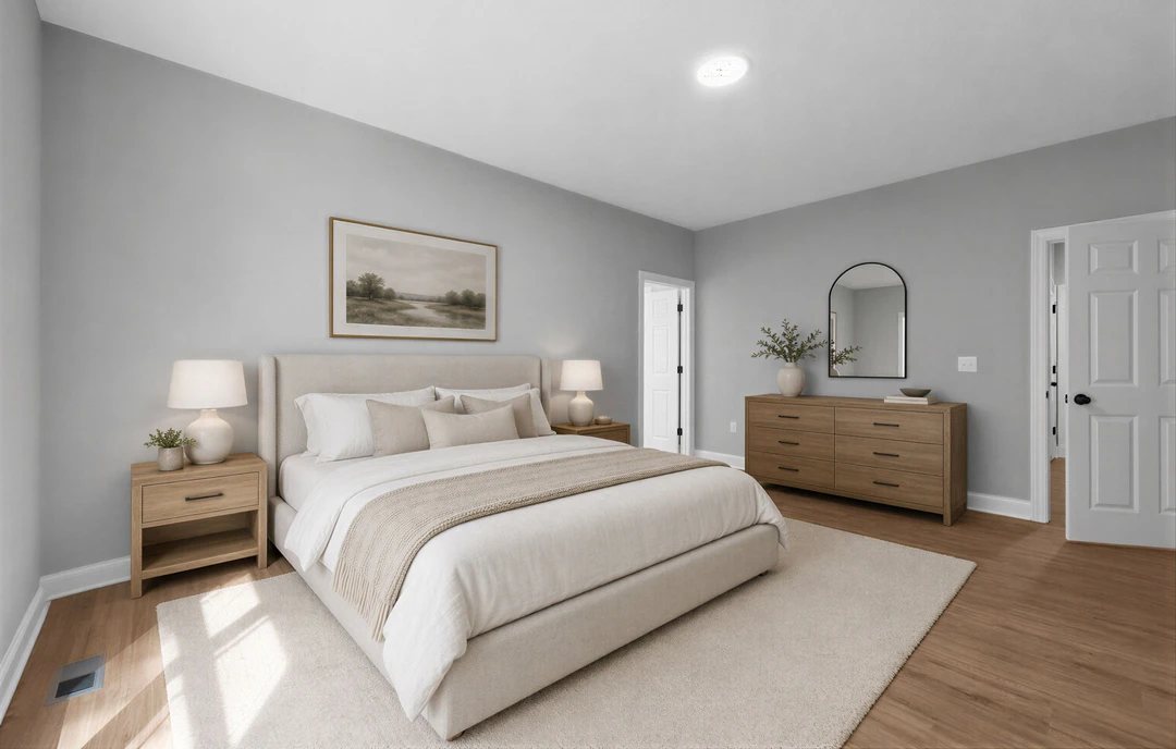 Bedroom with a bed featuring a white blanket, a dresser topped with a white rug, a framed river picture on the wall, a plant on a table, and a mirror.
