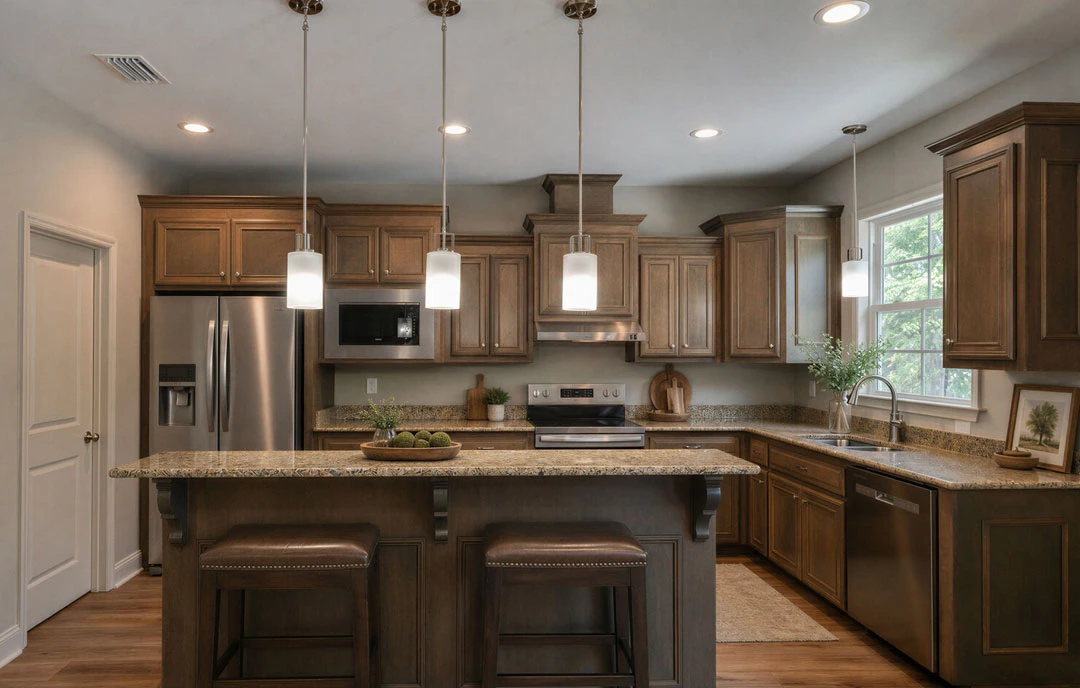 Kitchen with a central island and bar seating, featuring brown leather stools, white cabinetry, granite countertops, stainless steel appliances including an oven, refrigerator, and