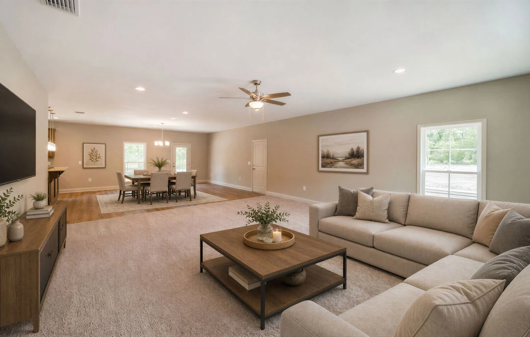 Living room with a gray couch and pillows in front of a window, a coffee table with a plant, a dining table with chairs, wood flooring, a ceiling fan with light, and a landscape