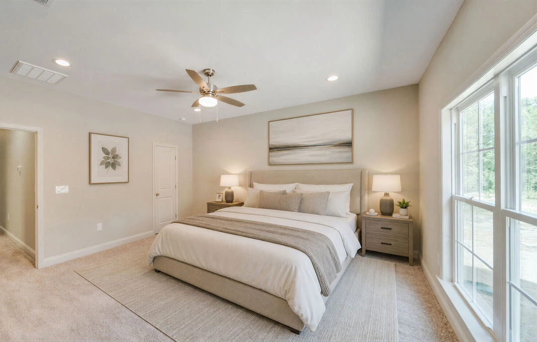 Bedroom with a large bed dressed in white bedding, a ceiling fan with a light overhead, a bedside lamp, a dresser with a bowl, and a framed leaf print on the wall.
