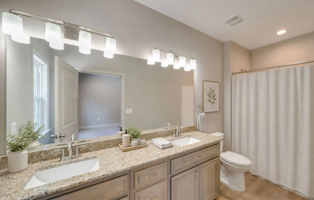Bathroom with white granite countertop sinks, a white toilet with the lid down, a potted plant, and white walls.