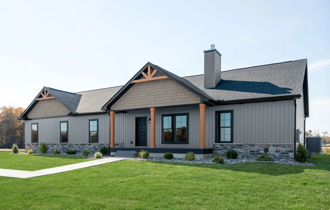 White farmhouse-style home with black front door, square windows reflecting nearby trees, and a manicured lawn bordered by rocks and bushes.