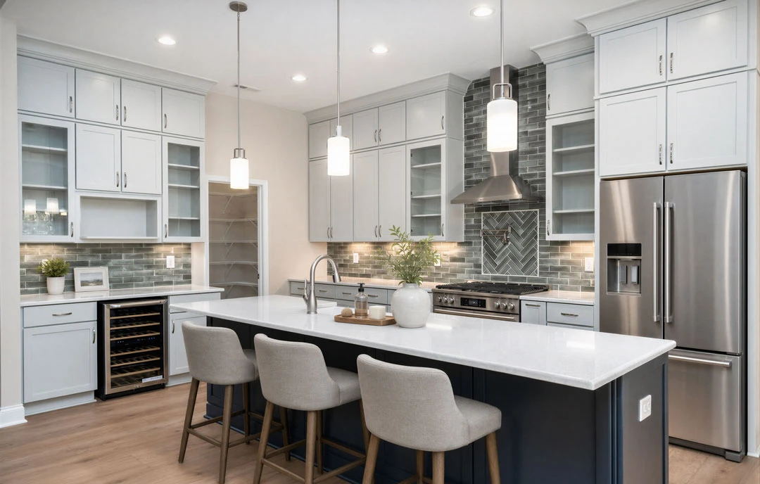 Kitchen with a central island and stools, stainless steel refrigerator, granite countertops, wine cooler with shelves, white cabinetry, and a plant in a white vase on the counter.