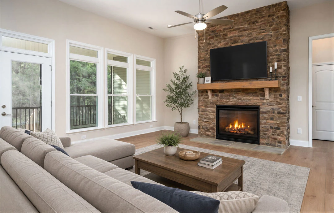 Living room with a brick fireplace, black fire screen, gray couch, wood coffee table holding books and a bowl, and potted plants near the window.