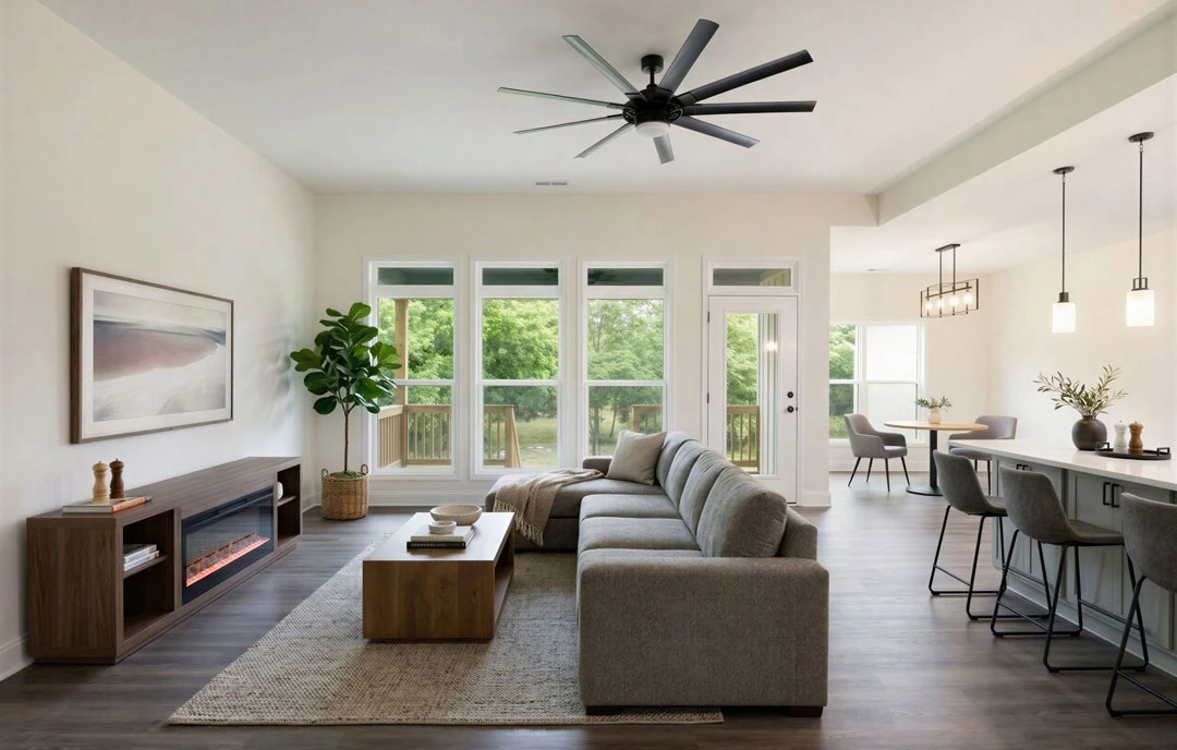 Living room with a large sectional couch facing a fireplace, ceiling fan with light overhead, framed picture on the wall, potted plant, wood cabinet with glass door, and a coffee