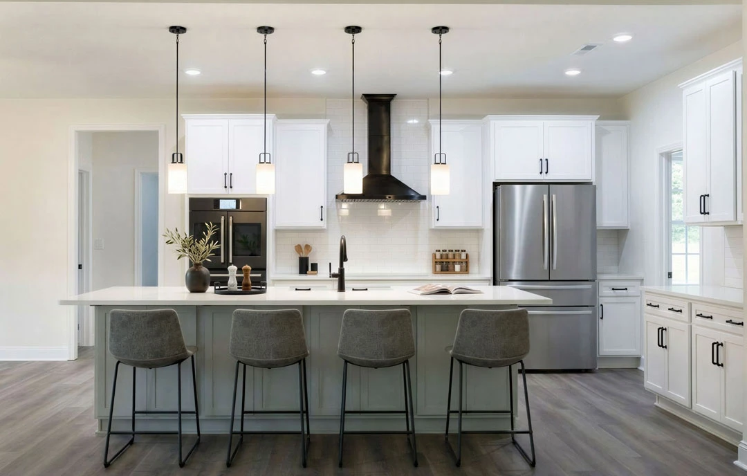Kitchen with light cabinetry, granite countertops, a stainless steel refrigerator, and a bar area with two stools, one holding a hat.