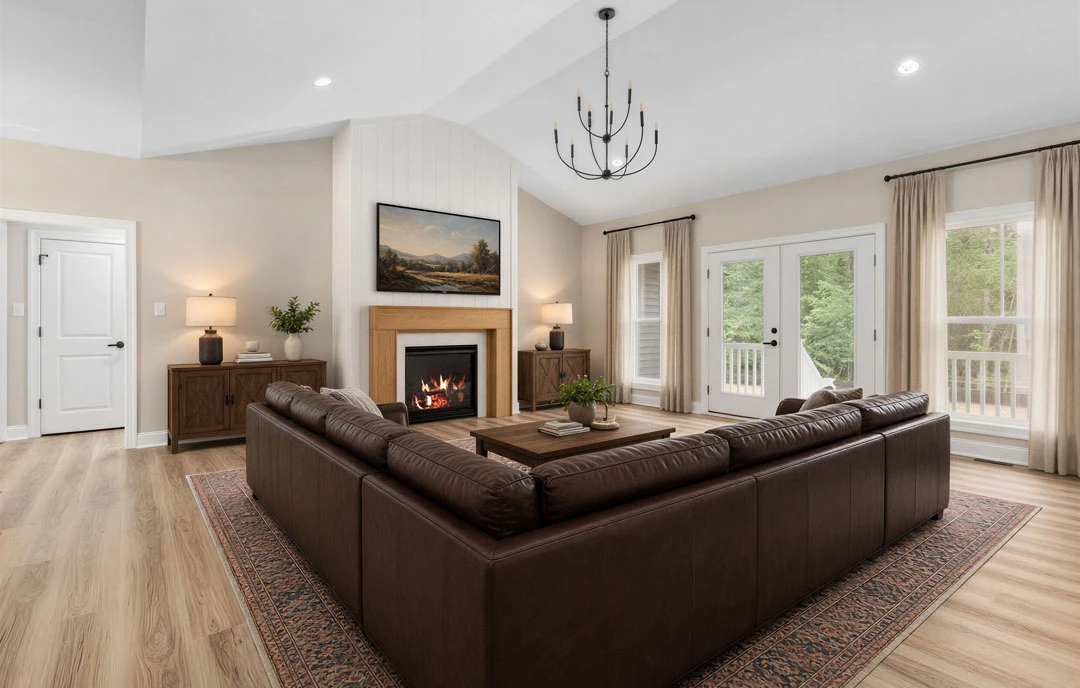 Living room with a brown leather couch facing a fireplace with a fire burning, landscape painting above the mantel, hardwood flooring, and a view of a balcony through glass doors