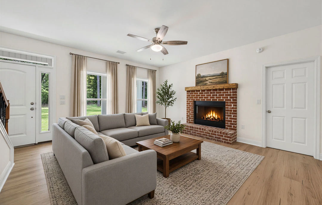 Living room with a gray couch, coffee table holding books, wood or laminate flooring, fireplace with fire, ceiling fan with light, and a landscape painting above the hearth.