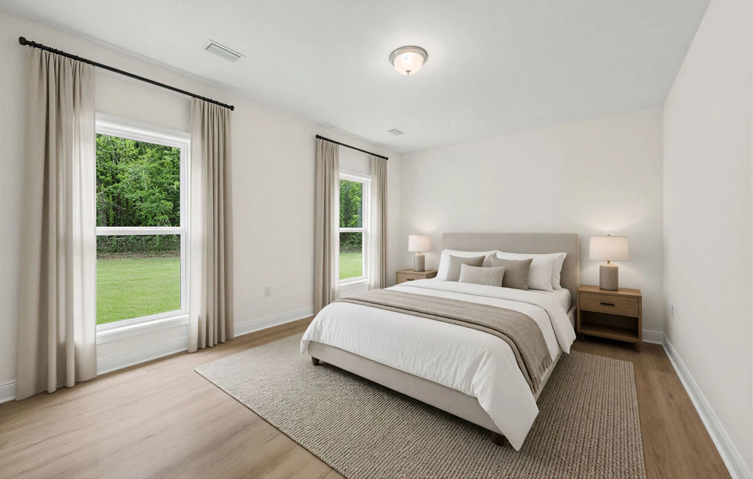 Bedroom with a bed featuring white linens and pillows, two windows with views of a lawn, a wooden nightstand holding a lamp with a white shade, and a ceiling light fixture.