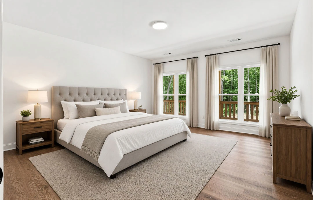 Bedroom with a large bed featuring a headboard and pillows, a nightstand with a white lamp and a plant in a white vase, and a large window overlooking trees and a balcony.