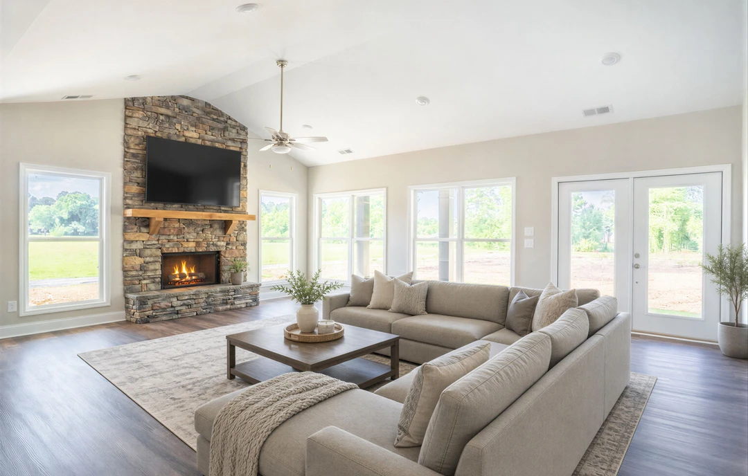 Living room with a brick fireplace, large sectional couch, coffee table with tray and candles, and a plant in a vase; a black screen is mounted above the hearth.