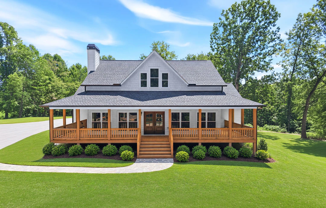 Two-story farmhouse with a wide porch featuring wood railings, double glass-paneled doors, and a large lawn bordered by mature trees and landscaping.